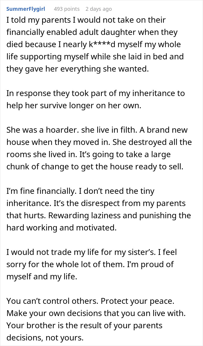 Text post sharing a personal story about refusing to help a spoiled brother and facing parents&rsquo; anger over family support.