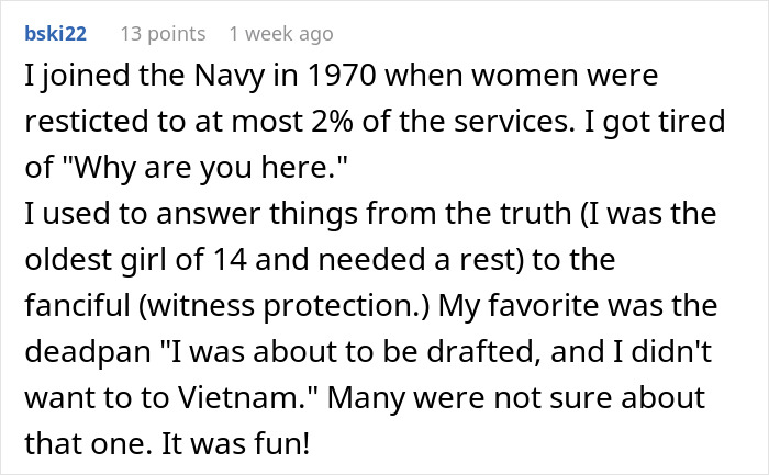 User comment about joining the Navy in 1970, addressing low weight and dealing with boss comments humorously.