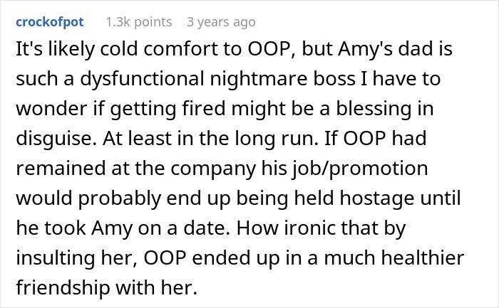 Screenshot of a forum comment discussing a man fired over a crude drawing who befriends the woman behind it.