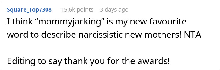 Text post discussing the term mommyjacking to describe narcissistic new mothers in an online parenting forum.