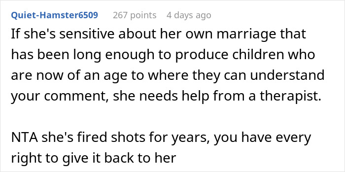 Screenshot of a user comment discussing a woman firing back after sister insults her, causing her husband to go red and kids confused.