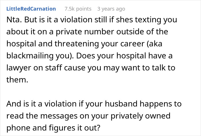 Comment discussing potential HIPAA violation and nurse stressing over finding MIL on a secret date in a private message.