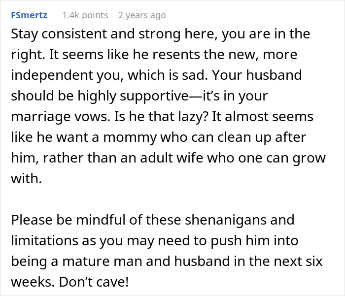 Commenter advising to stay strong against husband's resentment of wife's independence and submissive nature in marriage conflict.