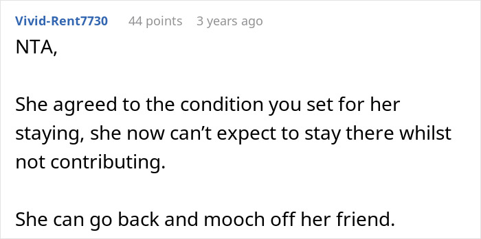 Screenshot of a forum comment discussing a woman refusing to house her sister due to babysitting and cleaning conflicts.
