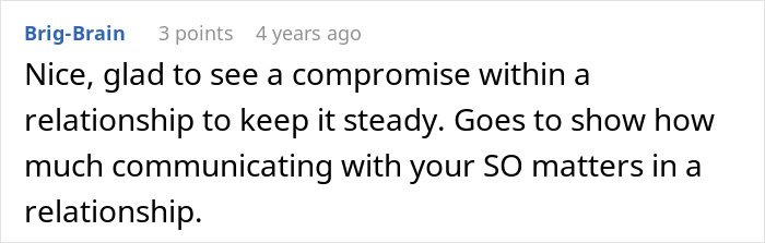 Comment about relationship compromise and communication, highlighting a husband struggling with his wife's weight gain.