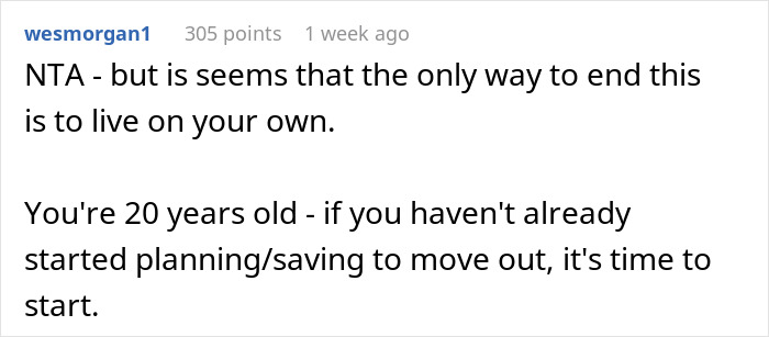 Comment on sister-family-parenting-drama advising a 20-year-old to plan and save for living on their own.