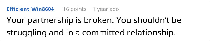 Comment text on screen about partnership struggles, emphasizing financial imbalance and its impact on family dynamics.