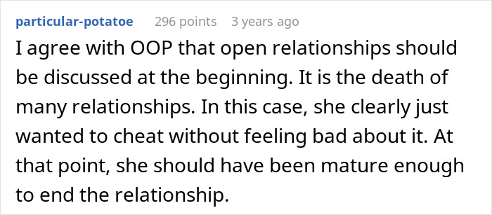 Screenshot of a Reddit comment discussing open relationships and their impact on romantic partnerships.