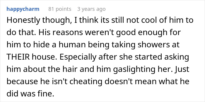 Comment discussing a suspicious husband and long hairs found in the shower, highlighting feelings of gaslighting and mistrust.