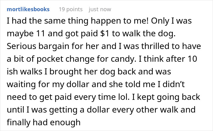 Comment describing neighbor dog walking pay experiences, highlighting typical payment and frequency in deserts.