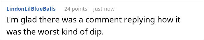 User comment expressing relief about a reply calling out the worst kind of dip amid relationship drama and manliness debate.