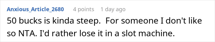 Screenshot of an online forum comment where a user refuses to contribute $50 to a coworker's retirement gift.