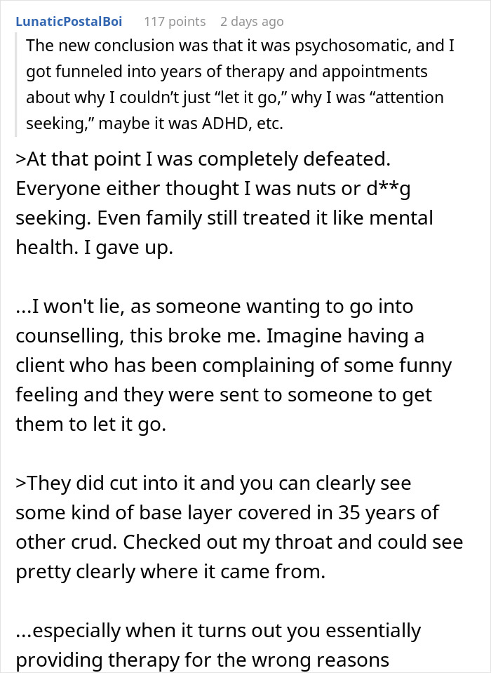 Man describes 35 years of throat pain and his journey to solving his own medical mystery despite disbelief from others.
