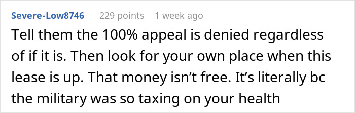 Comment about rent and military service, highlighting payment responsibilities as veteran&rsquo;s pay increases and duty expectations.