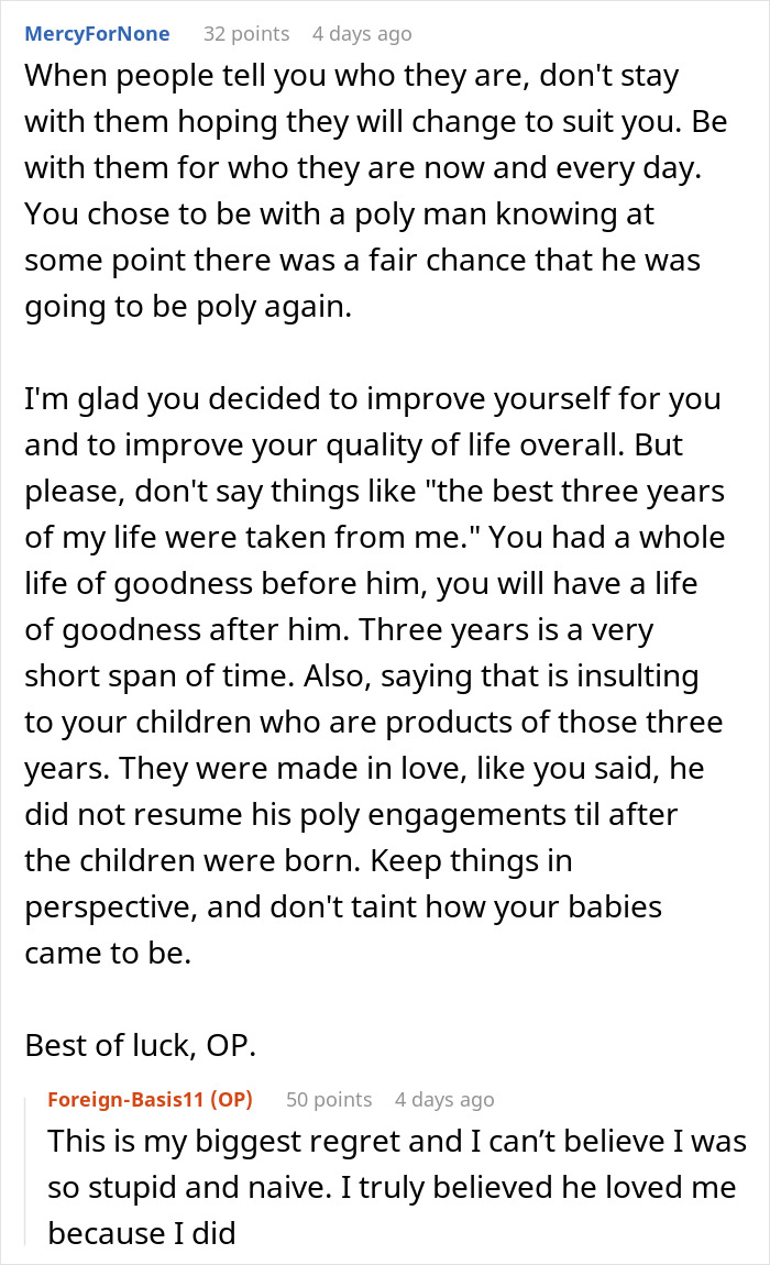 Comment discussing personal growth and reflections after three years of unwanted polyamory and poly relationships.