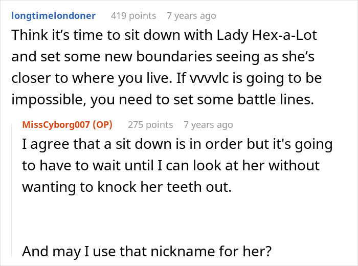 Screenshot of a Reddit conversation discussing setting boundaries and conflict involving a MIL catfish attempt backfiring.