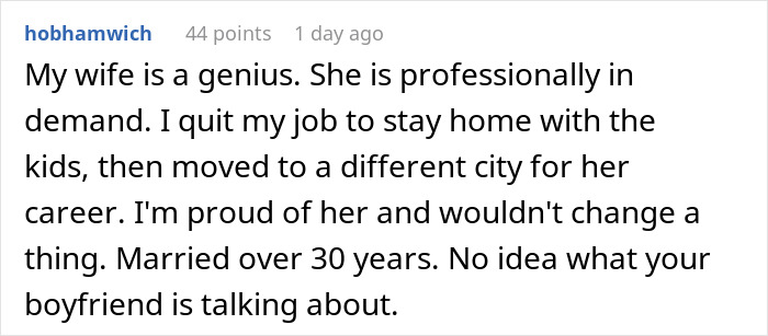 Screenshot of a Reddit comment praising a woman&rsquo;s professional success and reflecting on her boyfriend seeing it as a threat.