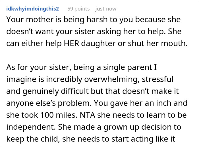 Text post discussing challenges of single mom with baby and older sister&rsquo;s help causing family tension and need for independence.