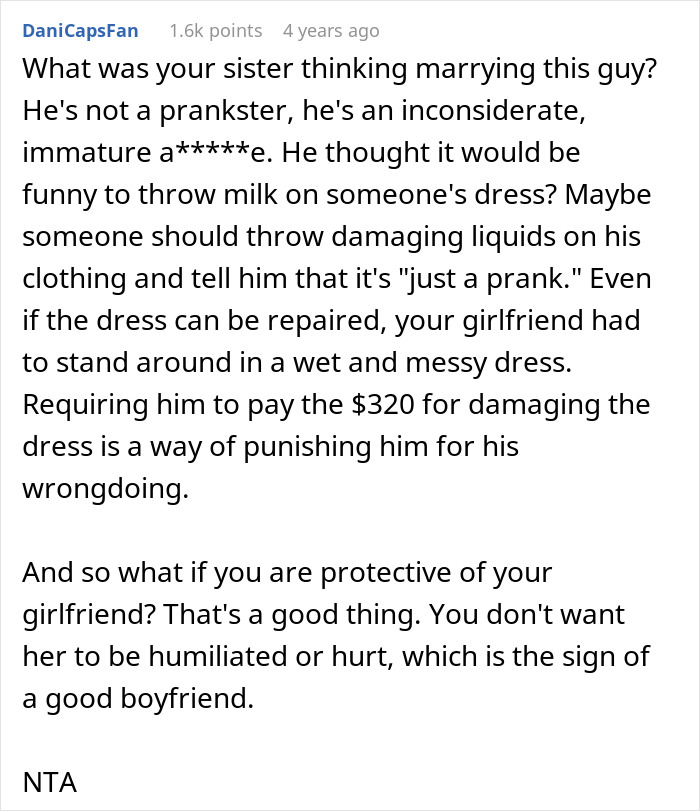 Comment discussing groom pranks causing damage and refusing to pay, focusing on consequences and protection of girlfriend.