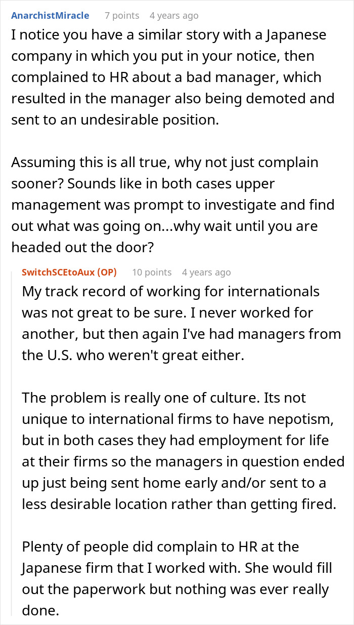 Screenshot of a forum discussion about employee record results, management issues, and workplace culture problems.