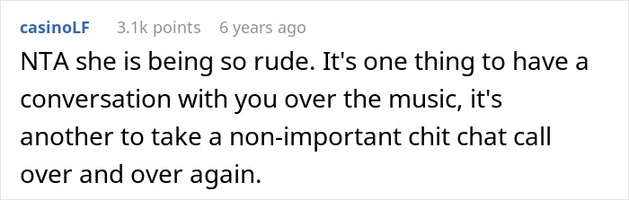 Comment discussing partner annoyance over music and muted calls, highlighting rude behavior during chit chat interruptions.