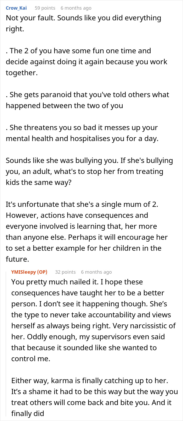 Screenshot of an online discussion about a teacher's malicious threats causing harm and blacklisting in the city.