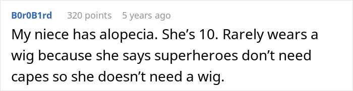Text post about a lady&rsquo;s niece with alopecia who rarely wears a wig and refuses to cut long hair for it.