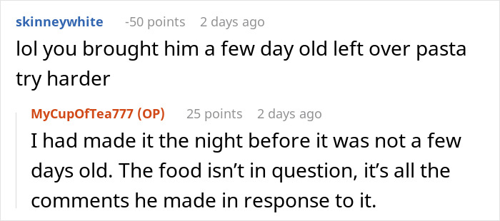 User comment about bringing day-old leftovers followed by woman defending the food and addressing criticism over inedible food.