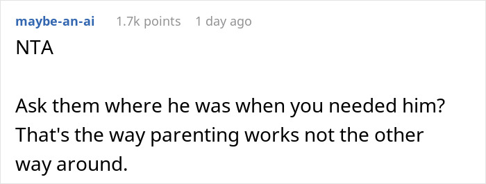 Reddit comment discussing parenting, emphasizing a dad choosing new family over daughter and facing consequences after new wife cheats.