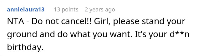 Screenshot of an online comment showing support for a woman tired of her friend&rsquo;s strict diet rules on her birthday.