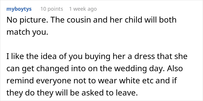 Comment discussing attention-seeking mom wanting to dress her 3-year-old daughter in the same dress as the bride.