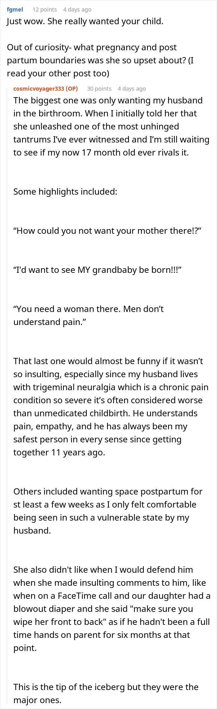 Reddit user describes mother’s horrific retaliation against postpartum boundaries, focusing on birthroom and family conflicts.