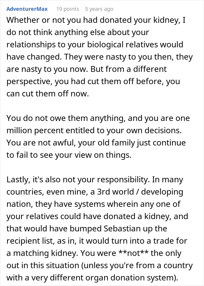 Comment about family asking for a kidney after mistreatment, kidney donation, and difficult family relationships.