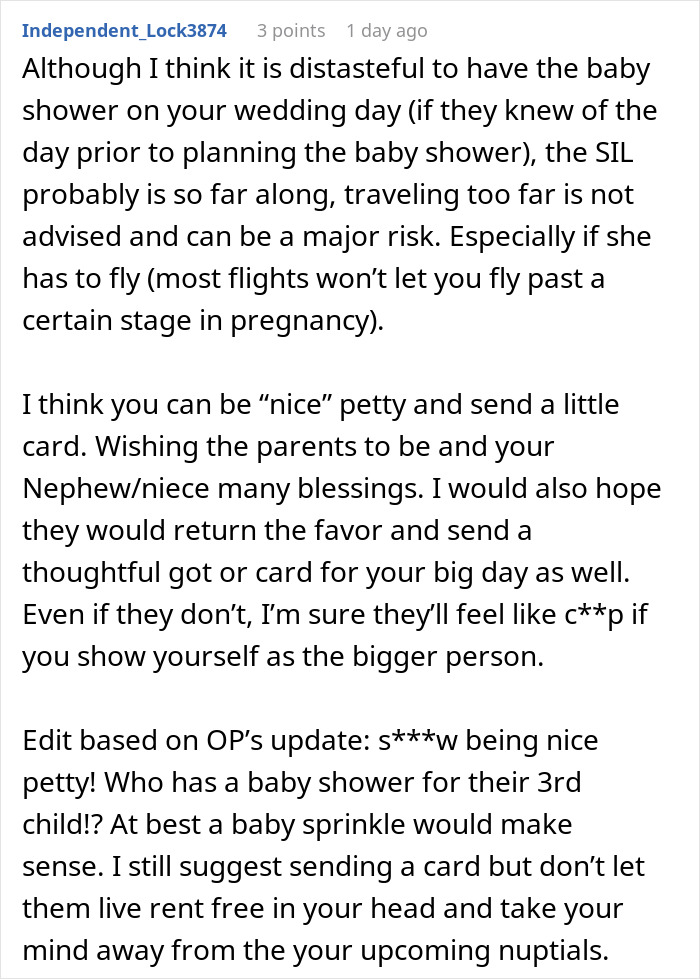 Comment discussing drama caused by groom&rsquo;s brother during wedding and hosting a baby shower on the same day.