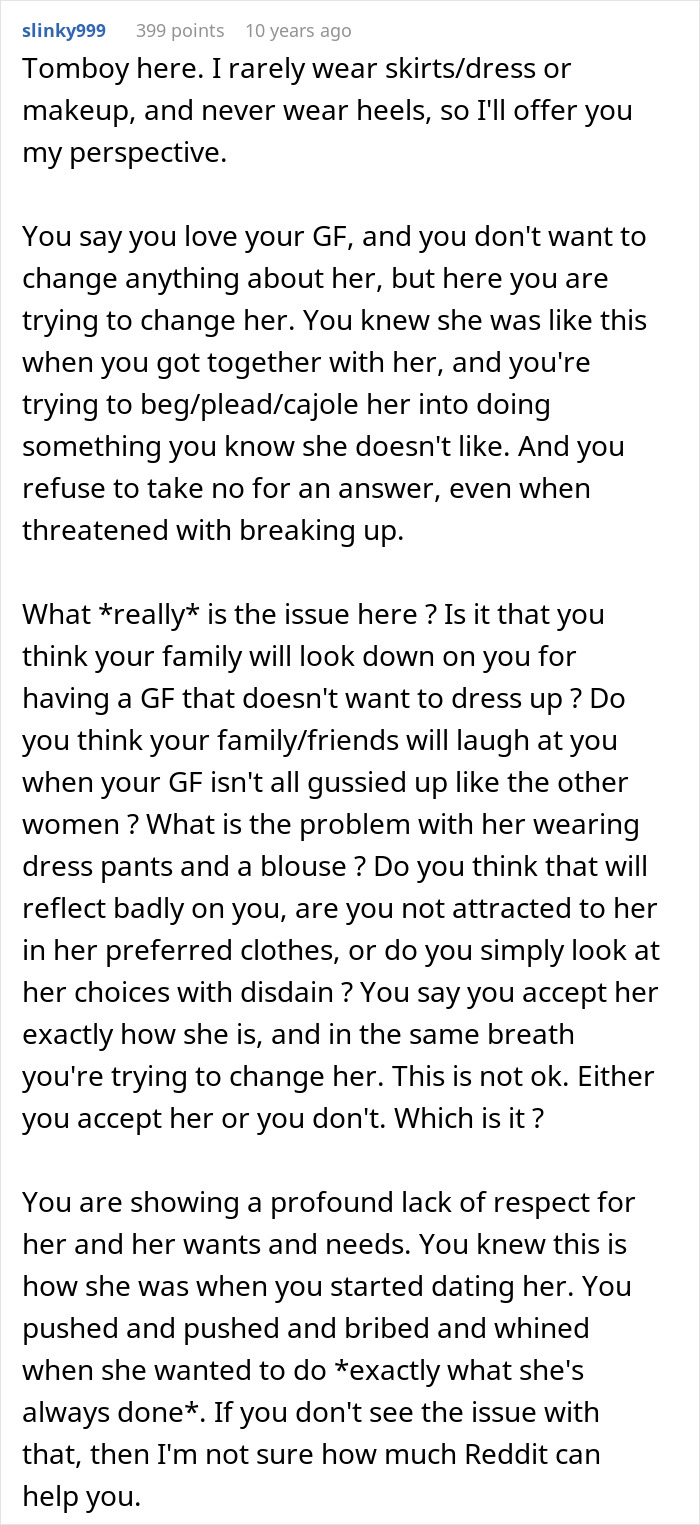 Text post discussing a guy who can&rsquo;t handle that his girlfriend refuses to wear dresses even for a wedding event.