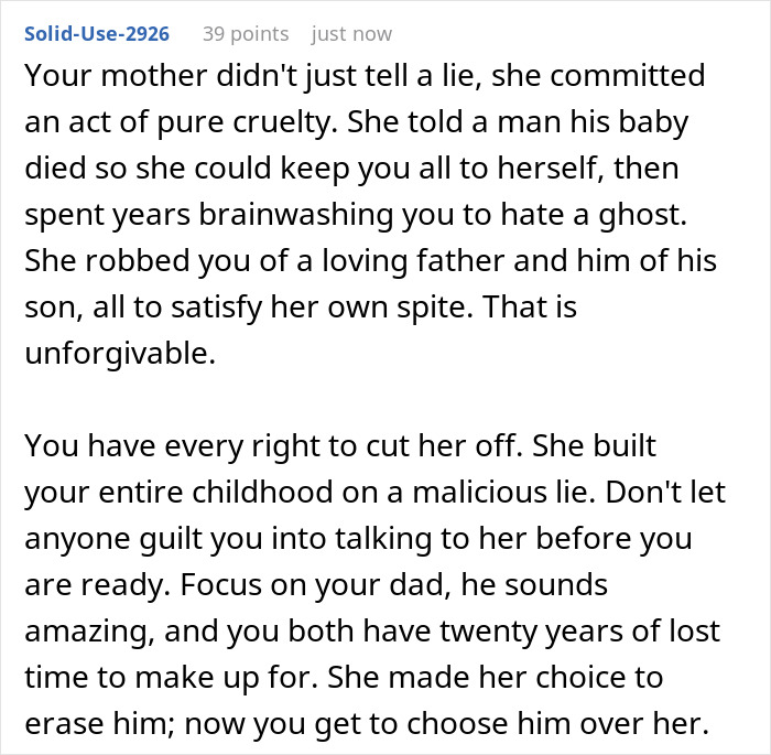 Text post about a son discovering his mother lied about his father leaving when she was pregnant.