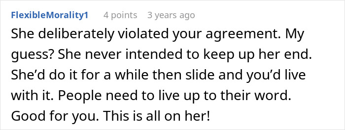 Screenshot of Reddit comment discussing broken agreement and responsibility in sister refusing to babysit and clean.