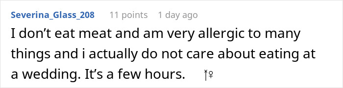 Text message discussing dietary preferences and allergies, mentioning not wanting a vegetarian meal at a friend's wedding. Text message discussing dietary preferences and allergies, mentioning not wanting a vegetarian meal at a friend's wedding.