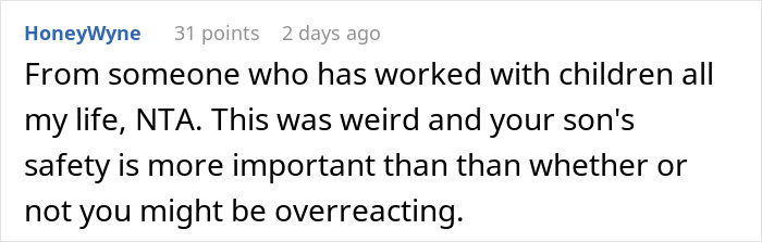Screenshot of an online comment warning about child safety and dismissing concerns of overreacting in a parenting discussion.