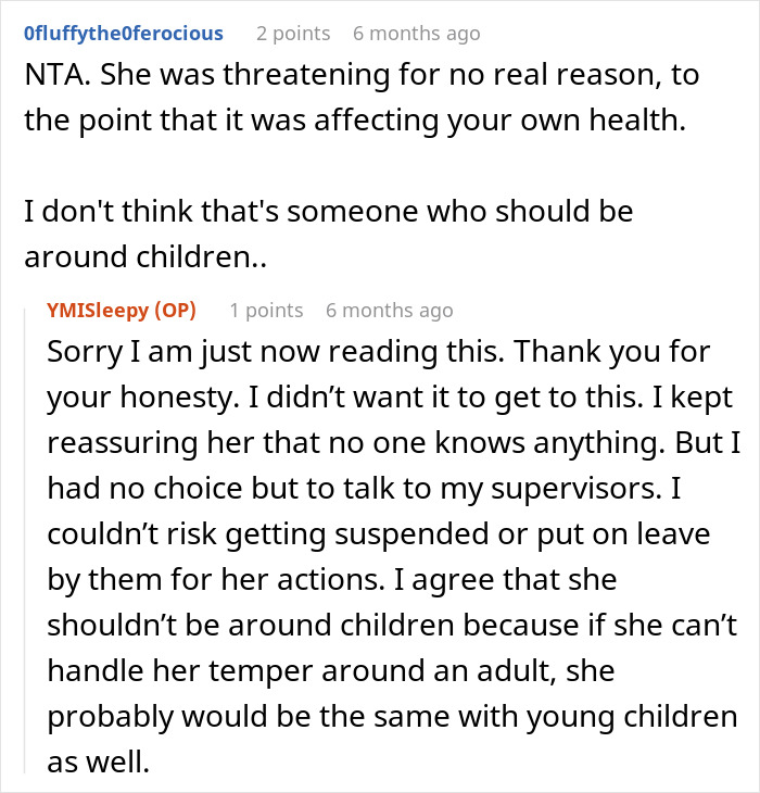 Comments discussing a teacher&rsquo;s threatening behavior and concerns about her being around children due to her temper.