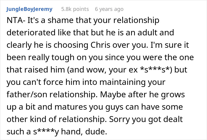 Screenshot of a Reddit comment discussing drama over last name and strained relationship with bio dad.