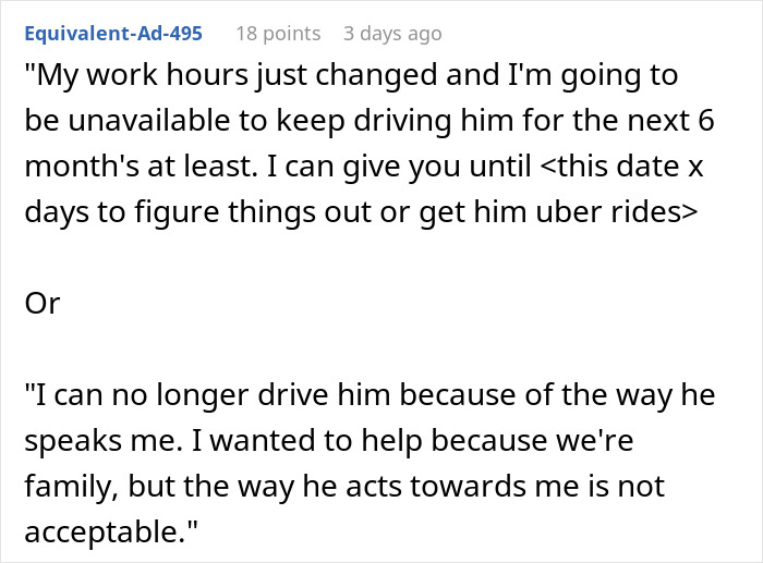 Text message about aunt rearranging schedule for nephew and refusing to drive him due to lack of respect and acceptable behavior. Text message about aunt rearranging schedule for nephew and refusing to drive him due to lack of respect and acceptable behavior.