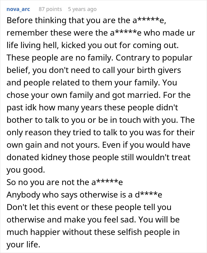 Comment discussing family betrayal and kidney donation requests after years of neglect and selfish treatment by relatives.