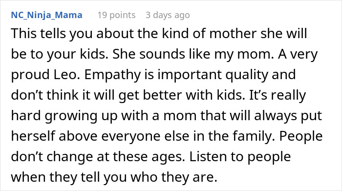 Comment discussing a mother’s empathy and priorities, reflecting on family dynamics and personal growth challenges. Comment discussing a mother’s empathy and priorities, reflecting on family dynamics and personal growth challenges.