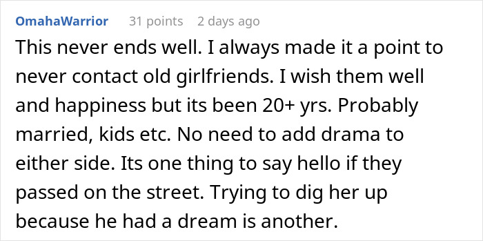 Screenshot of a Reddit comment discussing a married man texting a woman he loved 15 years ago and warning his wife.
