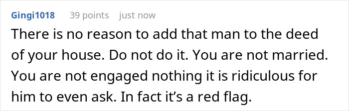 Screenshot of online comment warning against adding a man with debt to a girlfriend’s inherited house deed.