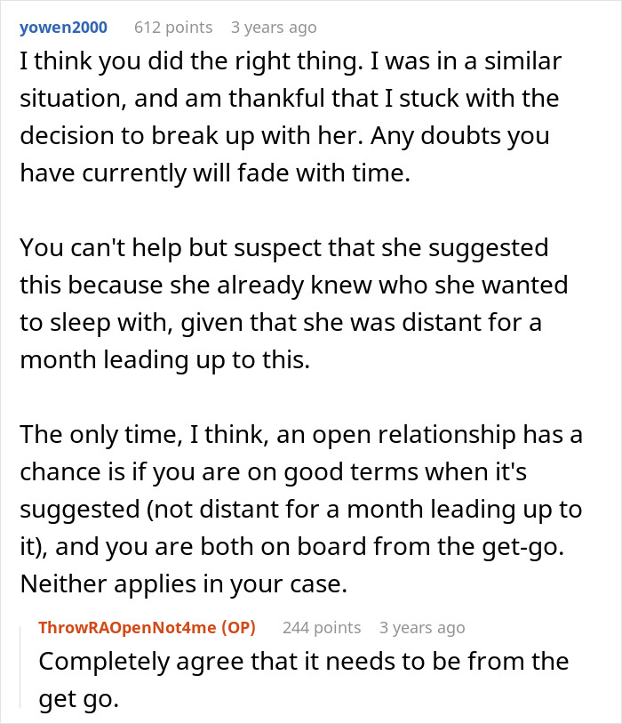 Screenshot of a Reddit conversation about a woman suggesting an open relationship and the guy breaking up with her.