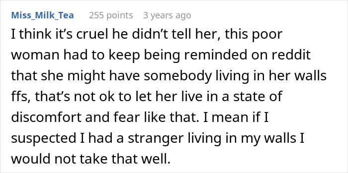Comment on Reddit discussing fear and discomfort of a woman with long hairs shower and a suspicious husband situation.