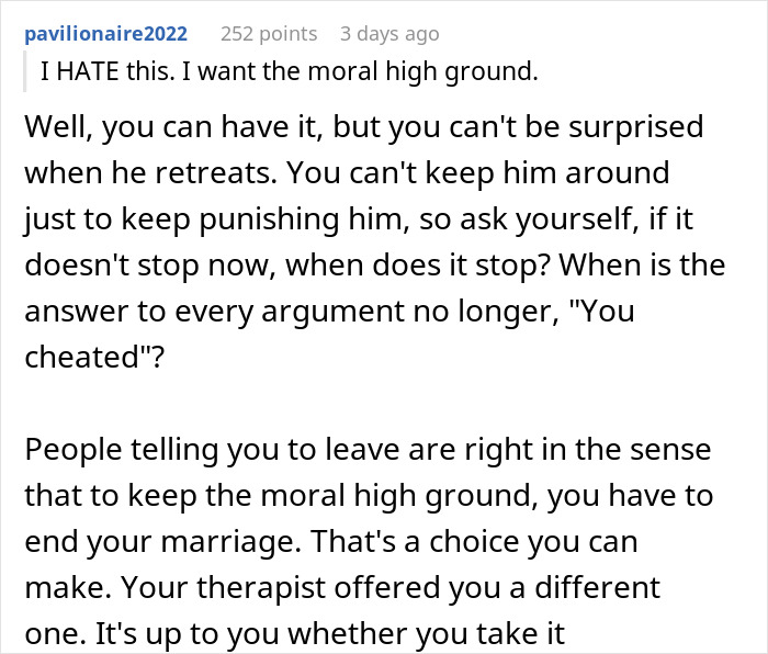 Screenshot of an online comment discussing a cheating husband and advice from a fair therapist on marriage choices.