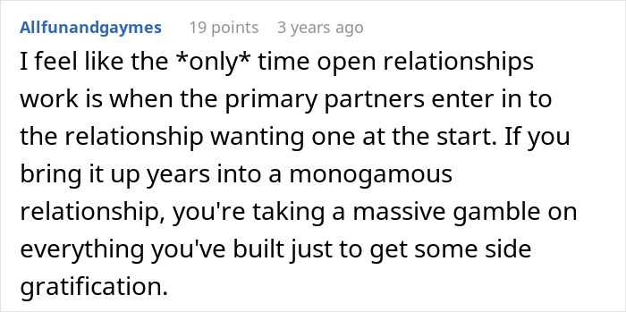 Comment discussing challenges of open relationships when suggested after years in a monogamous relationship.